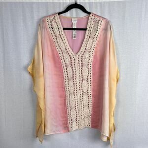 Chico's Top Sunset Tie Dye Crochet Kimono Blouse Cover Up Resortwear Summer
